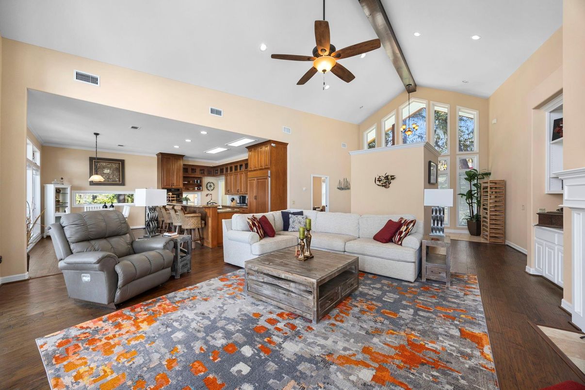 Fireplace, Interior, Kitchen, Living room, Pendant Lights, Recessed Lighting, Wood Texture Flooring