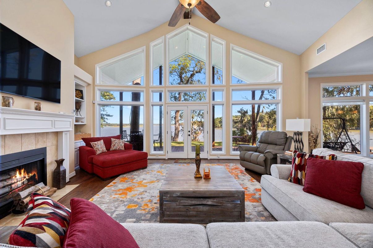 Fireplace, Interior, Living room, Recessed Lighting, Wood Texture Flooring