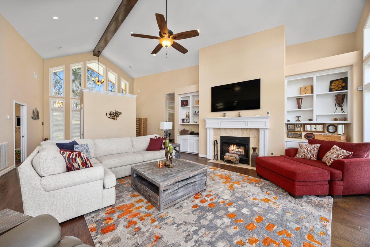 Fireplace, Interior, Living room, Recessed Lighting, Wood Texture Flooring
