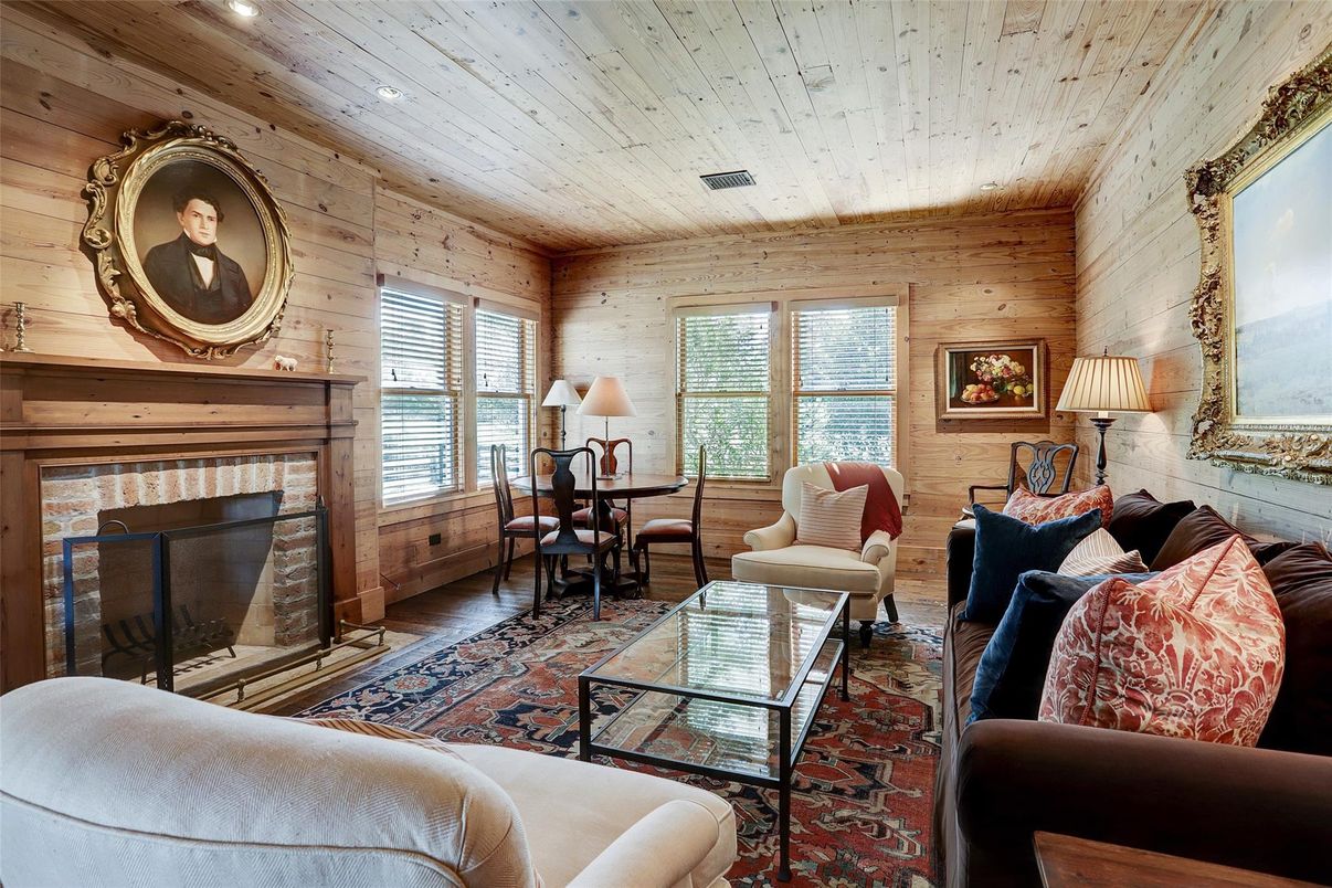 Dining room, Fireplace, Interior, Living room, Recessed Lighting, Wooden Ceilings, Wooden Walls