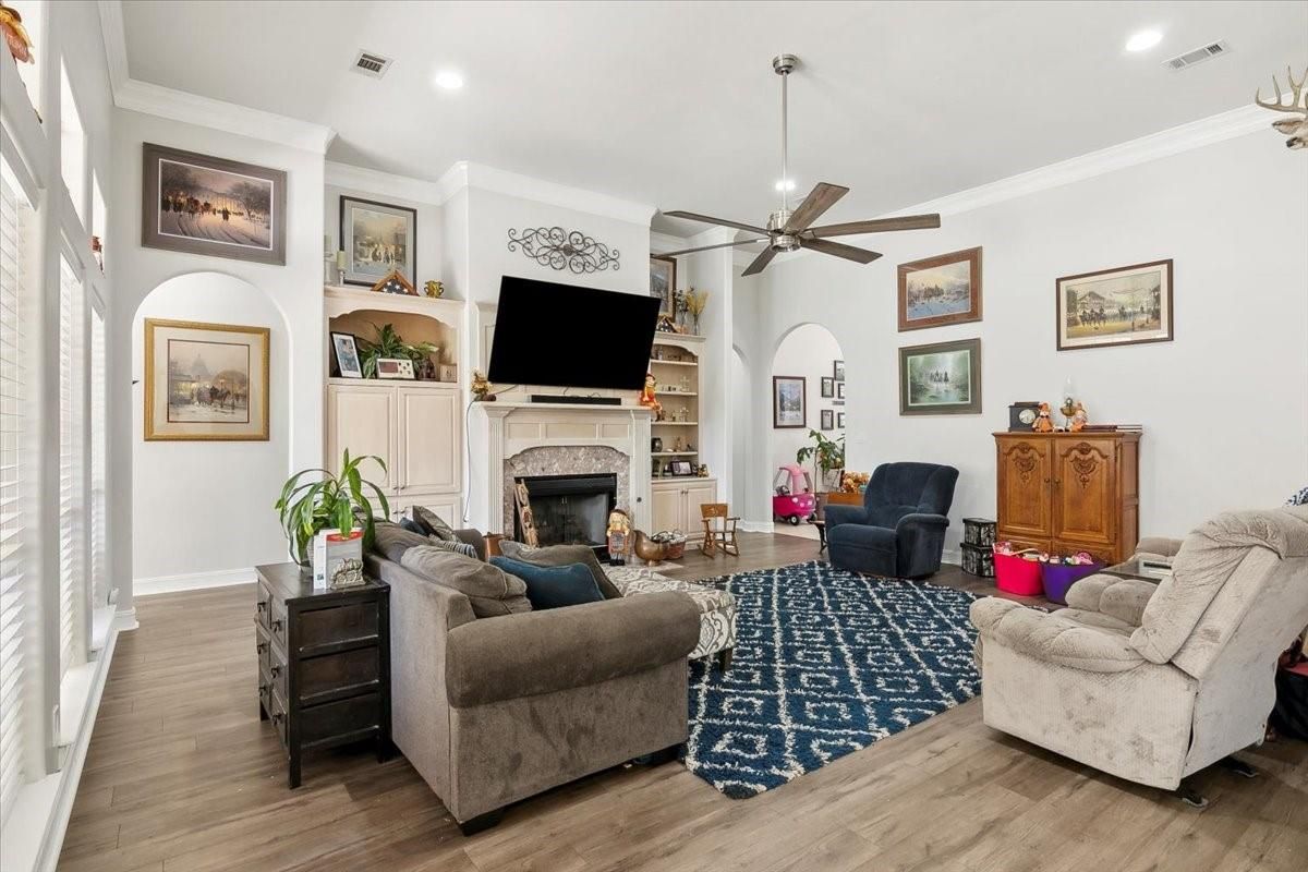 Fireplace, Interior, Living room, Recessed Lighting, Wood Texture Flooring