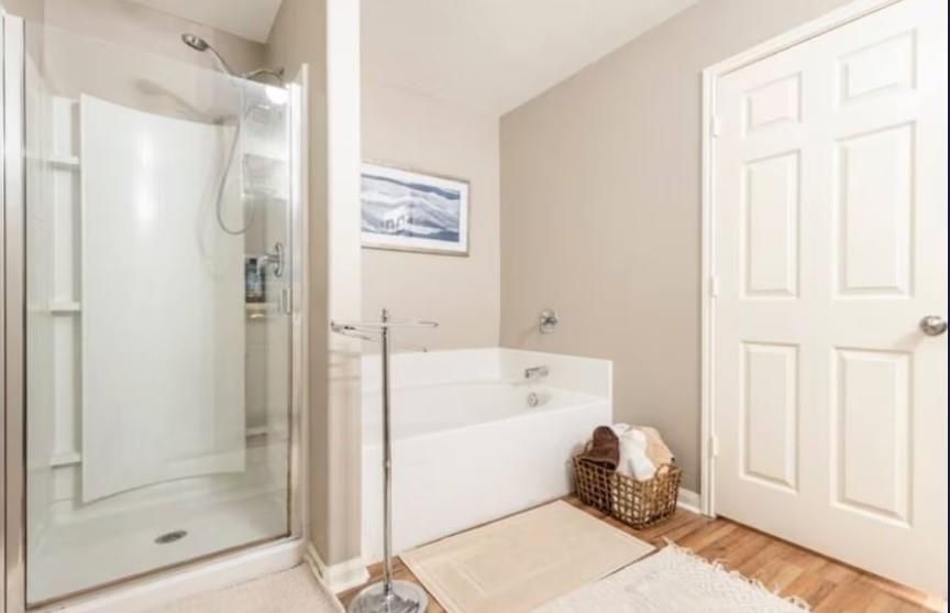 Bathroom, Glass Shower, Interior, Wood Texture Flooring