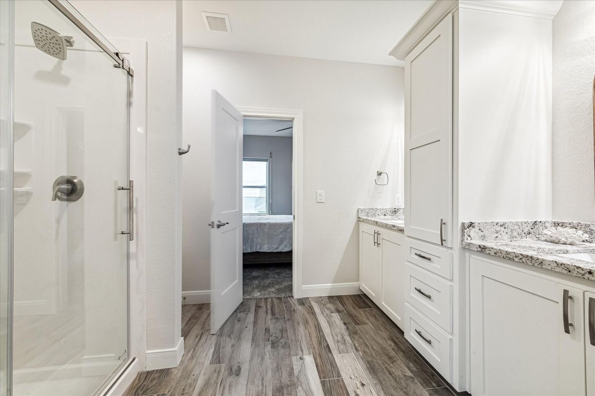 Bathroom, Glass Shower, Interior, Wood Texture Flooring