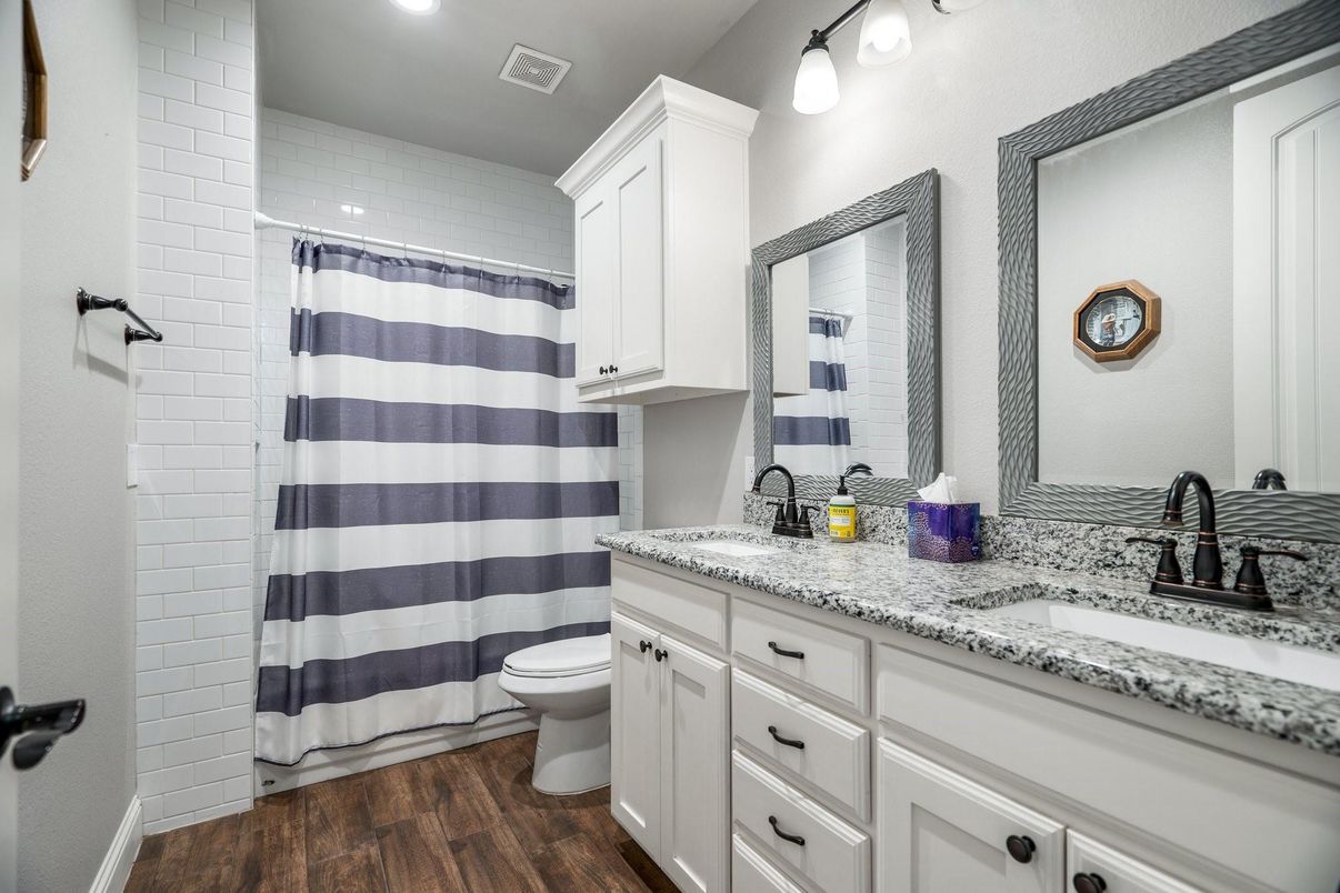 Bathroom, Dual Sink Vanities, Interior, Recessed Lighting, Wood Texture Flooring