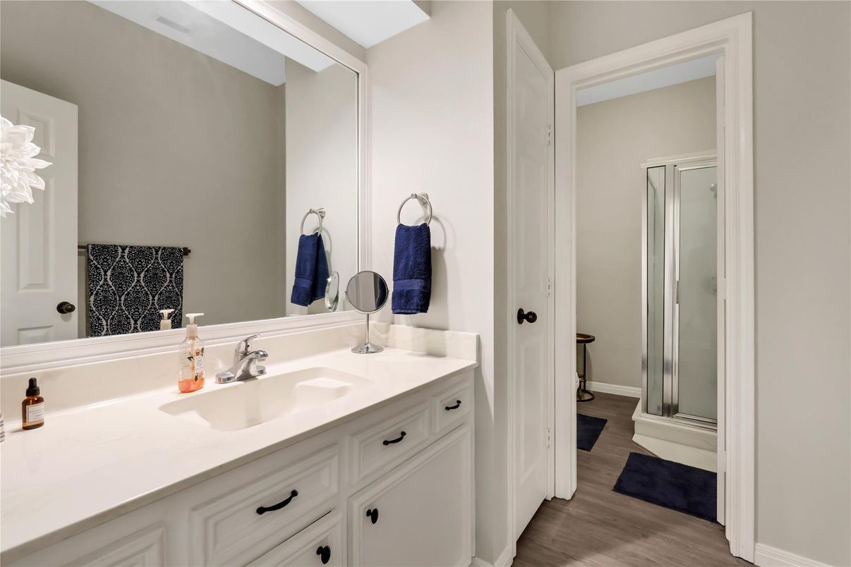 Bathroom, Glass Shower, Interior, Wood Texture Flooring