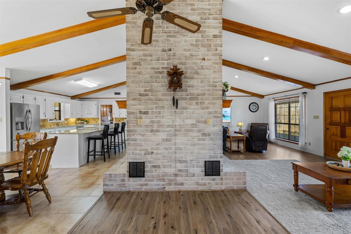 Interior, Kitchen, Recessed Lighting, Stone Walls, Wooden Beams, Wood Texture Flooring
