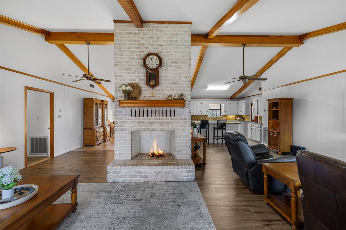 Fireplace, Interior, Stone Walls, Wooden Beams, Wood Texture Flooring