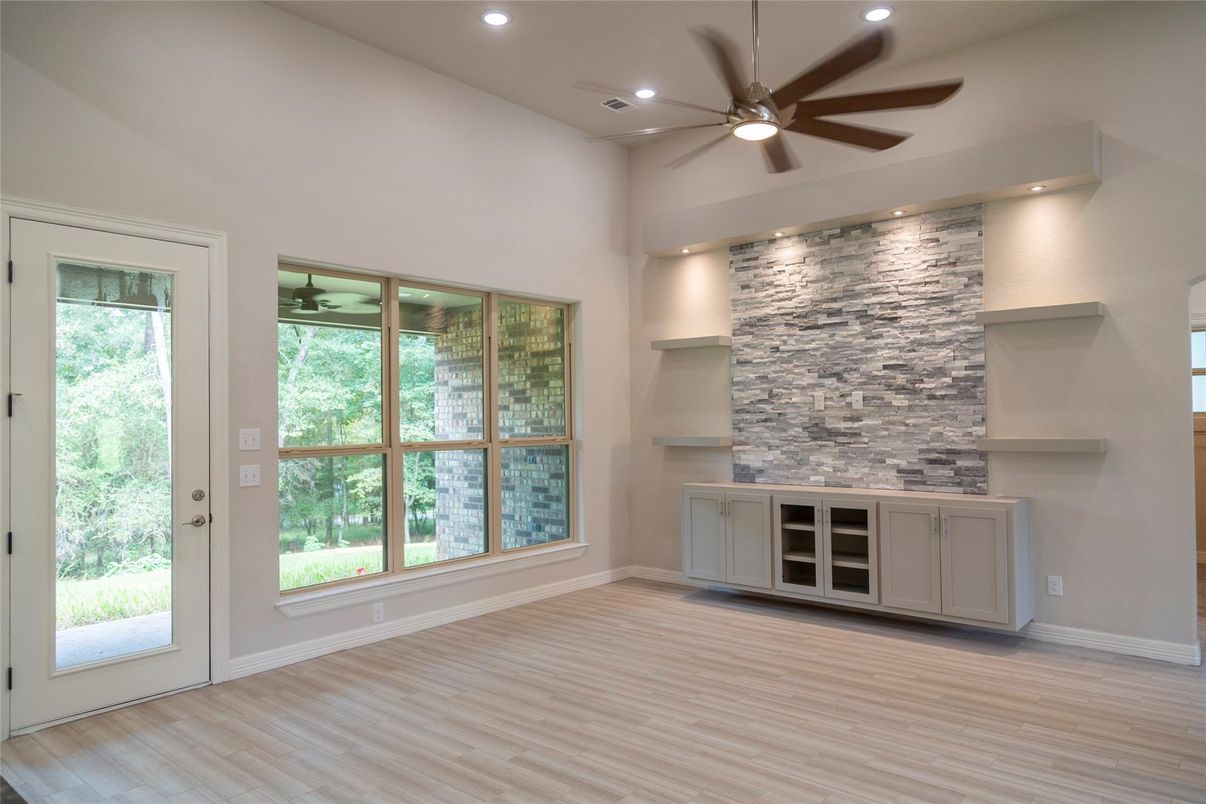 Empty room, Interior, Recessed Lighting, Stone Walls, Wood Texture Flooring