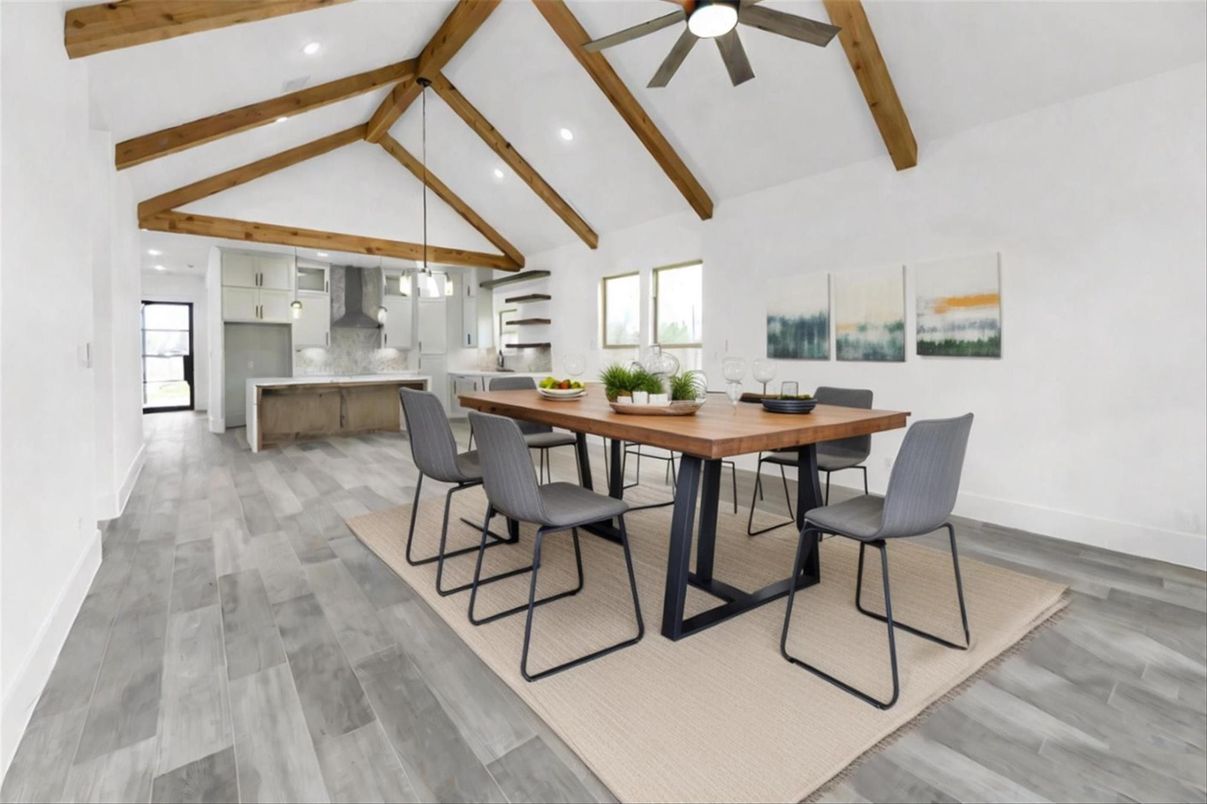 Dining room, Interior, Kitchen, Pendant Lights, Recessed Lighting, Wooden Beams, Wood Texture Flooring
