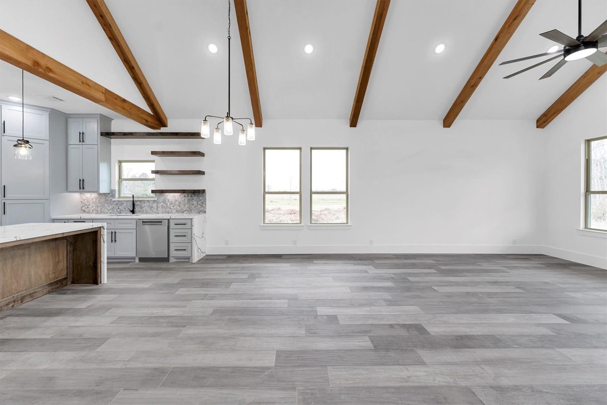 Empty room, Interior, Kitchen, Pendant Lights, Recessed Lighting, Wooden Beams, Wood Texture Flooring