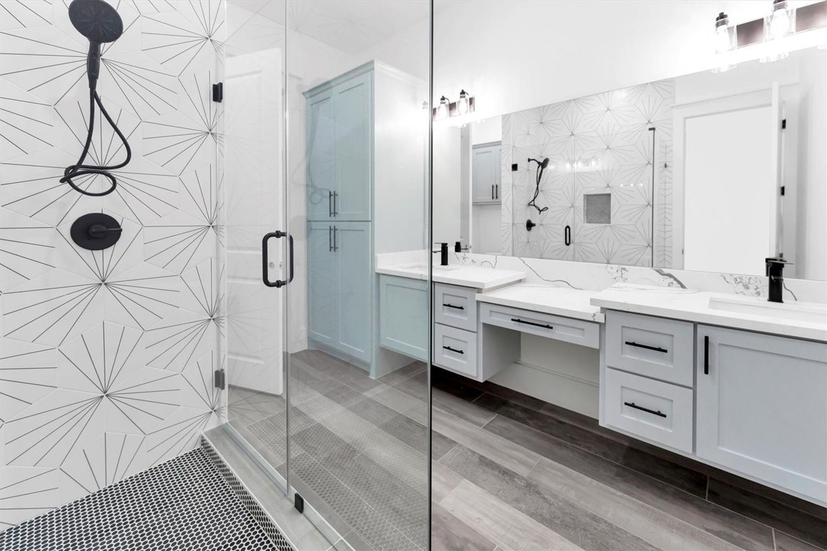 Bathroom, Dual Sink Vanities, Glass Shower, Interior, Marble Walls