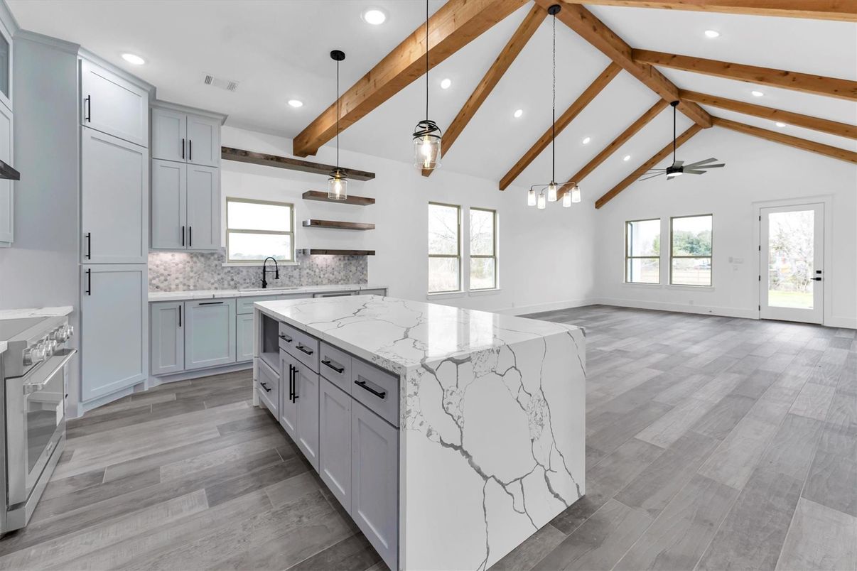 Interior, Kitchen, Pendant Lights, Recessed Lighting, Wooden Beams, Wood Texture Flooring