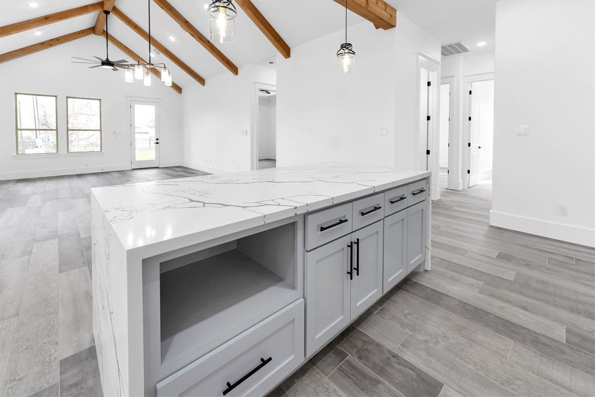 Interior, Pendant Lights, Recessed Lighting, Wooden Beams, Wood Texture Flooring