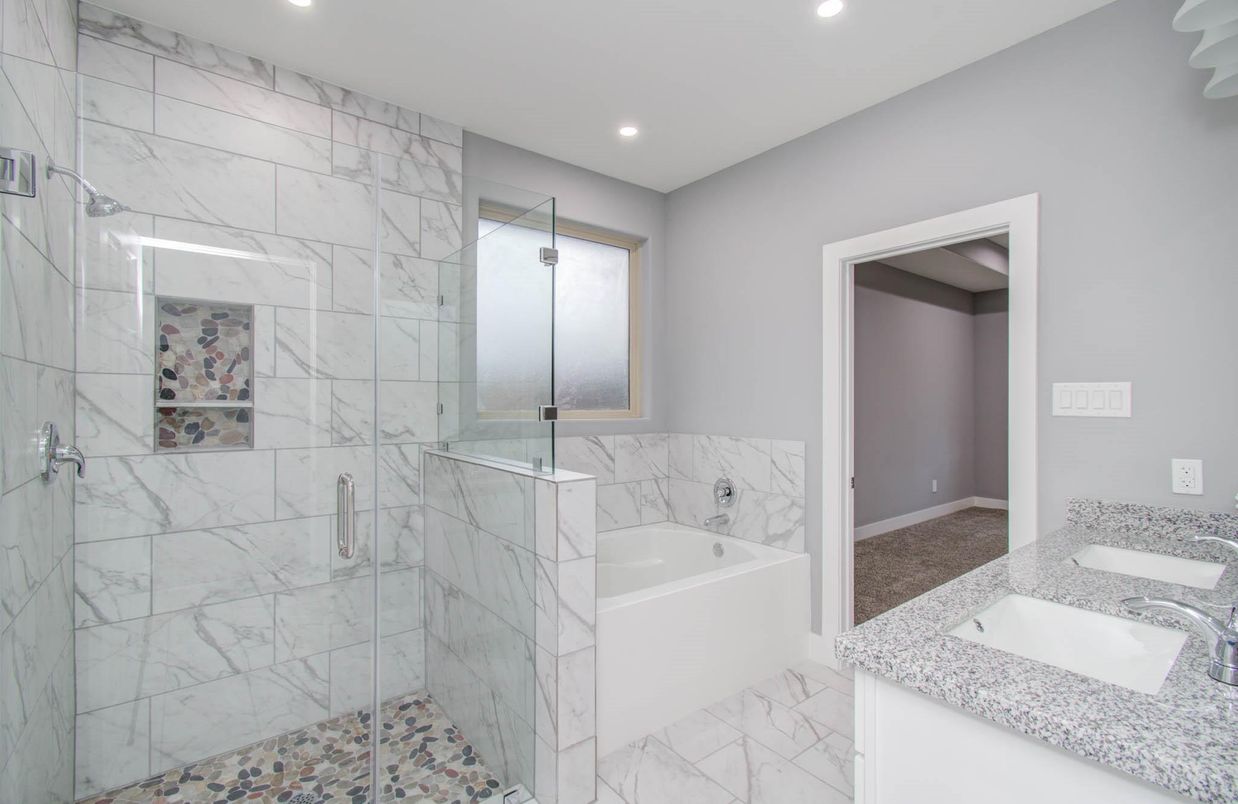 Bathroom, Glass Shower, Interior, Marble, Marble Walls, Recessed Lighting
