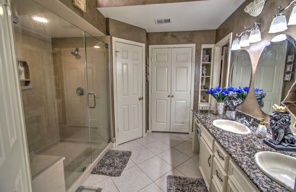 Bathroom, Dual Sink Vanities, Glass Shower, Interior, Recessed Lighting