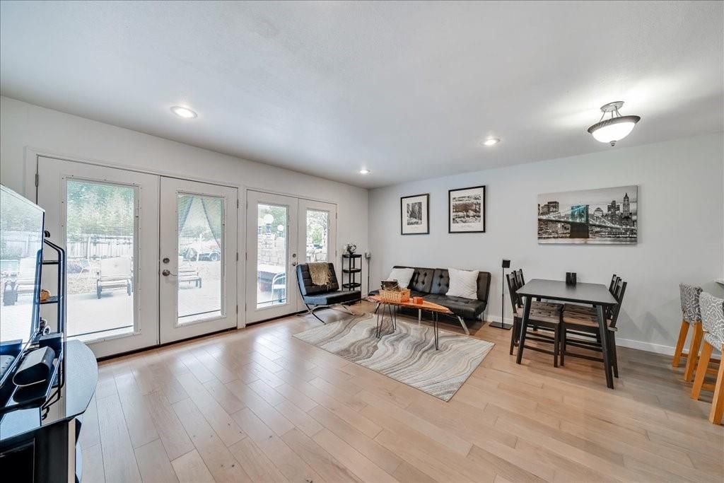 Dining room, Interior, Living room, Recessed Lighting, Wood Texture Flooring