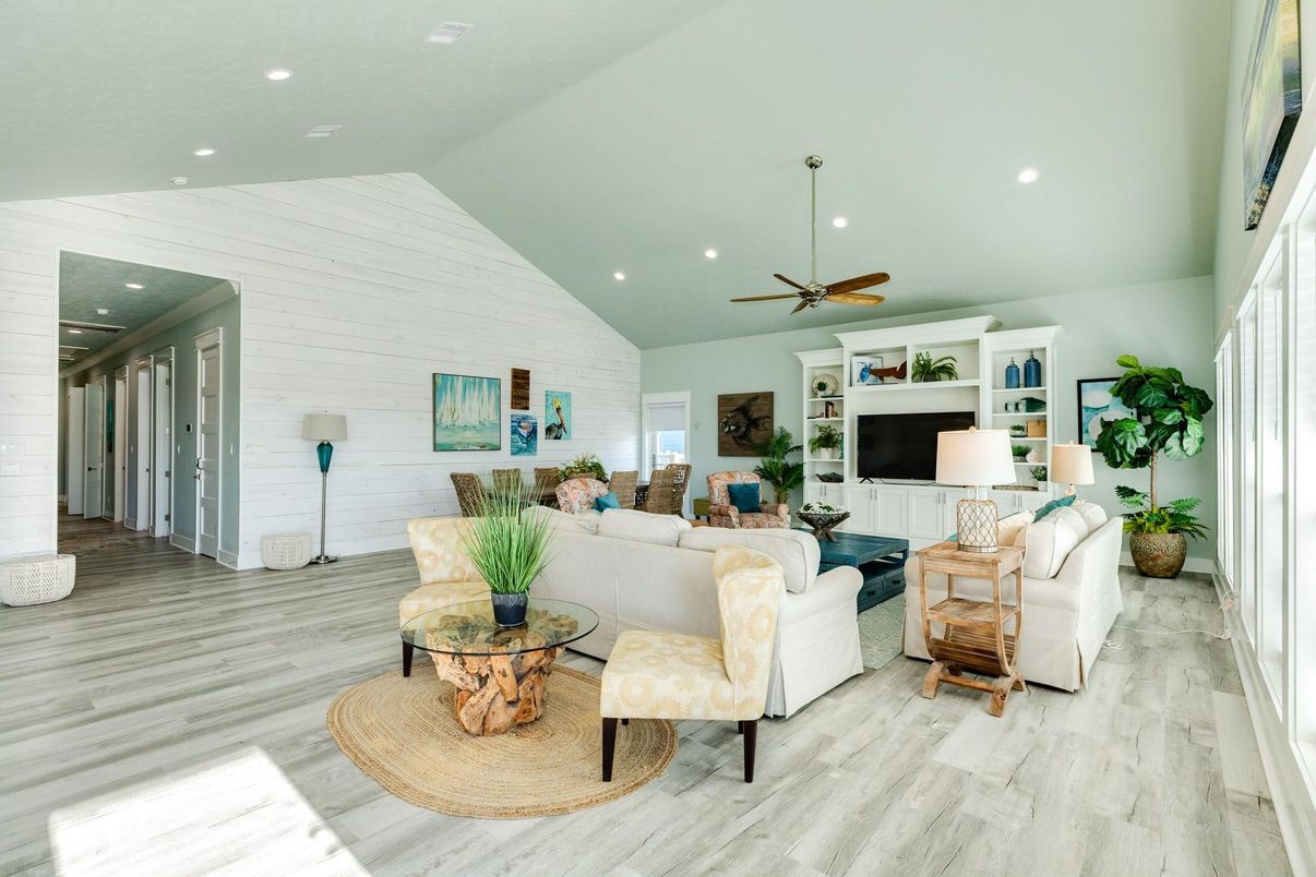 Interior, Living room, Recessed Lighting, Stone Walls, Wood Texture Flooring