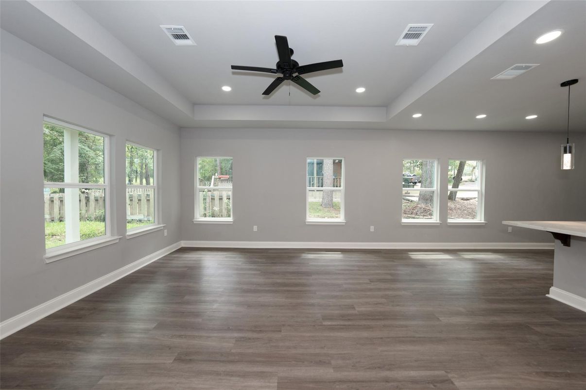 Empty room, Interior, Pendant Lights, Recessed Lighting, Wood Texture Flooring