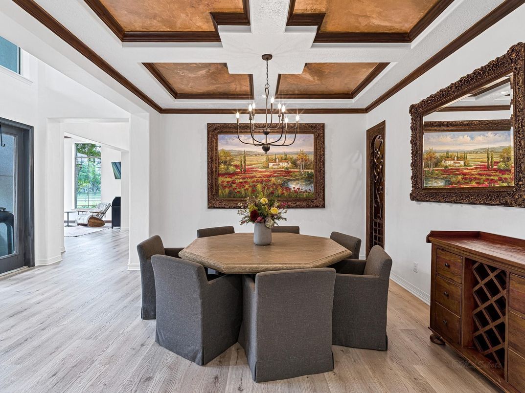 Chandelier, Dining room, Interior, Wooden Beams, Wood Texture Flooring