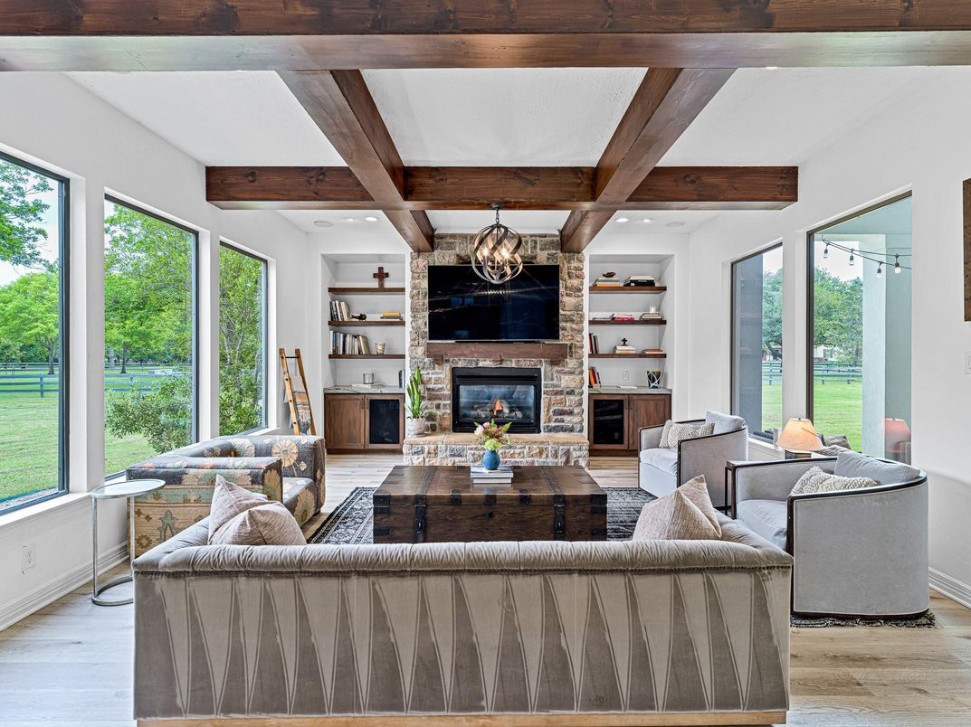 Chandelier, Fireplace, Interior, Living room, Recessed Lighting, Wooden Beams, Wood Texture Flooring