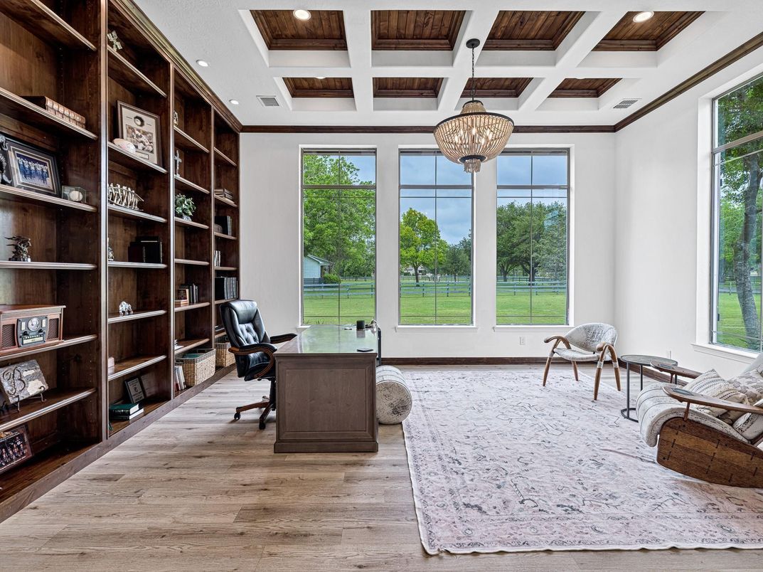 Chandelier, Home Office, Interior, Pendant Lights, Recessed Lighting, Wooden Ceilings, Wood Texture Flooring