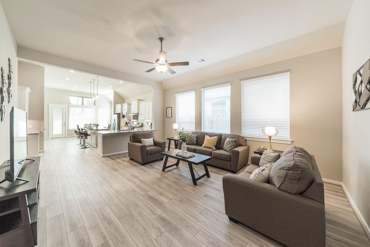 Interior, Kitchen, Living room, Pendant Lights, Recessed Lighting, Wood Texture Flooring