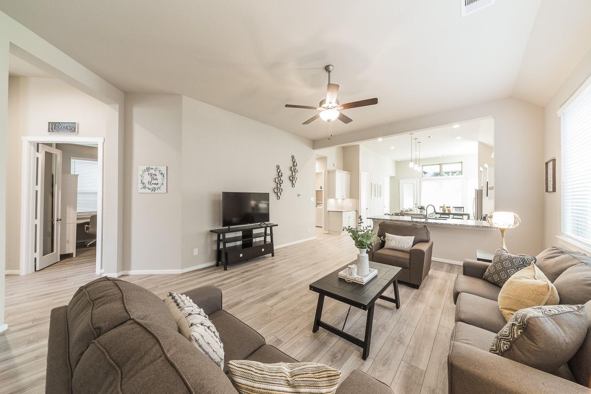 Interior, Kitchen, Living room, Pendant Lights, Recessed Lighting, Wood Texture Flooring