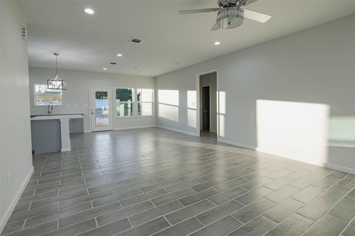 Empty room, Interior, Kitchen, Pendant Lights, Recessed Lighting, Wood Texture Flooring