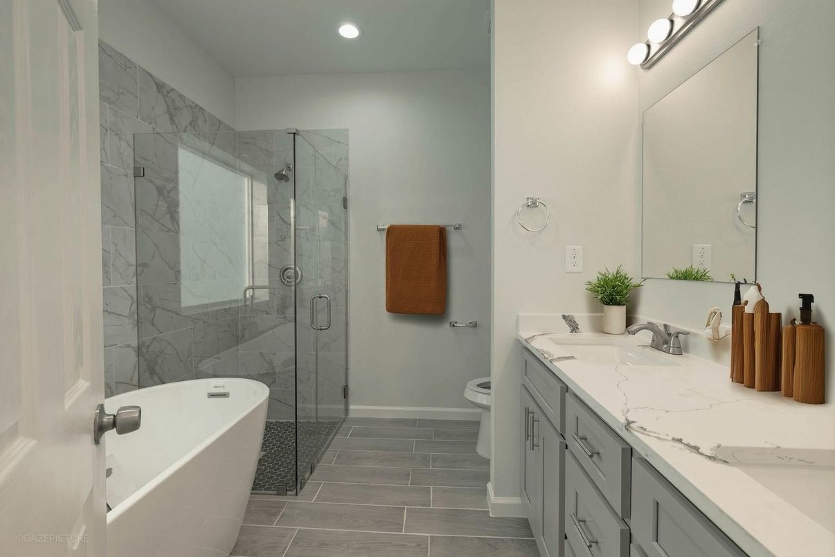 Bathroom, Free Standing Baths, Glass Shower, Interior, Marble Walls, Recessed Lighting