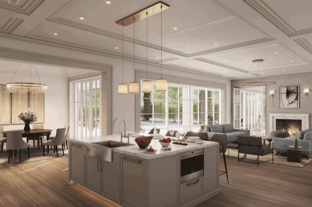 Dining room, Fireplace, Interior, Kitchen, Living room, Pendant Lights, Recessed Lighting, Wood Texture Flooring