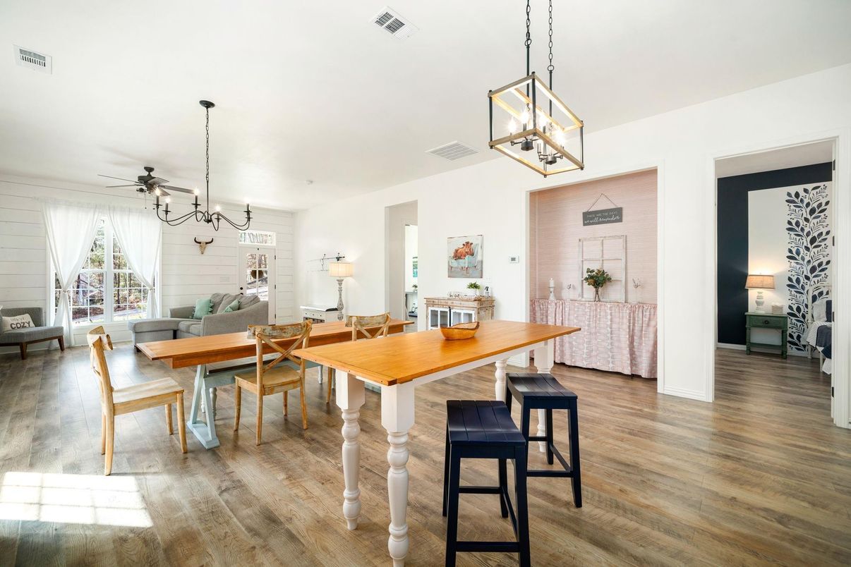 Dining room, Interior, Living room, Pendant Lights, Wood Texture Flooring