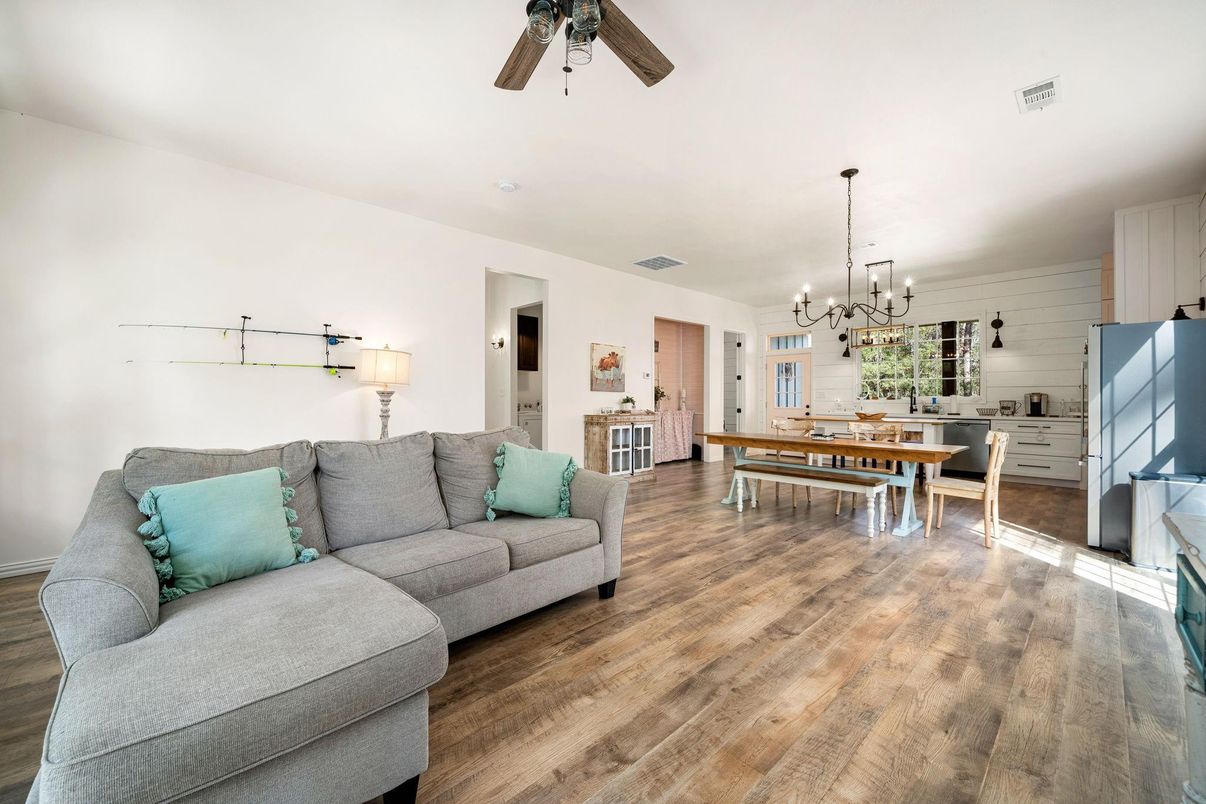 Dining room, Interior, Living room, Pendant Lights, Wood Texture Flooring