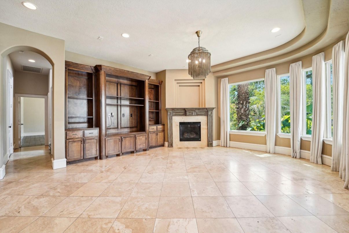 Chandelier, Empty room, Fireplace, Interior, Recessed Lighting