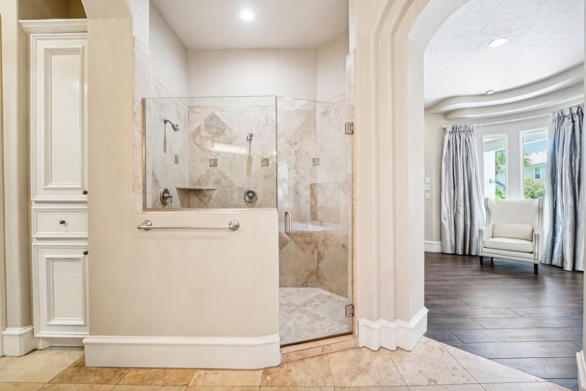 Bathroom, Glass Shower, Interior, Recessed Lighting, Wood Texture Flooring