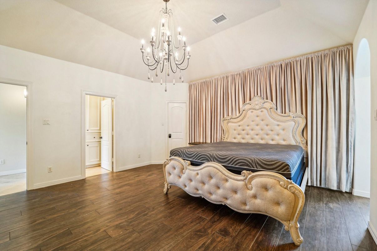 Bedroom, Chandelier, Interior, Wood Texture Flooring
