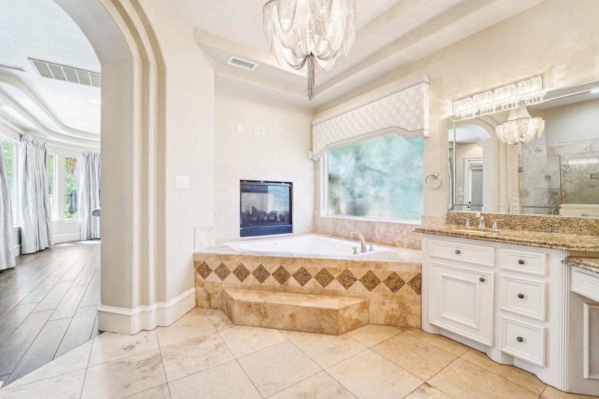Bathroom, Chandelier, Interior, Wood Texture Flooring