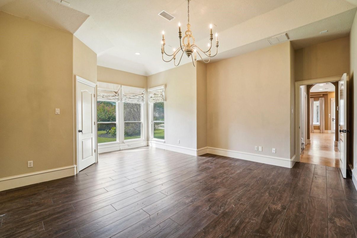 Chandelier, Empty room, Interior, Recessed Lighting, Wood Texture Flooring