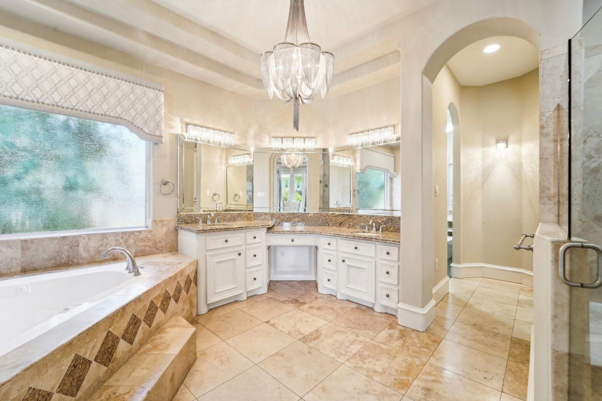 Bathroom, Chandelier, Dual Sink Vanities, Interior, Recessed Lighting