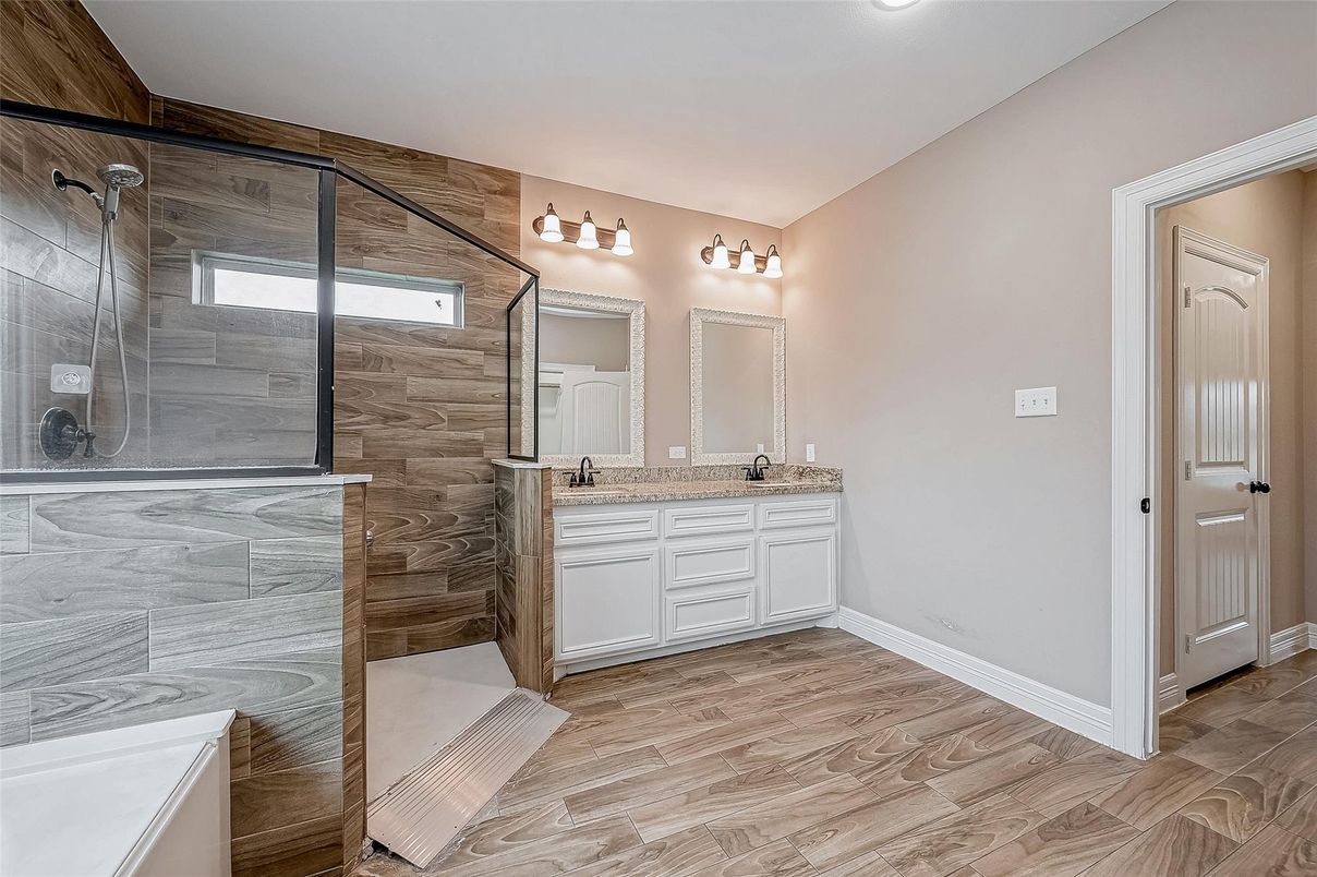 Bathroom, Dual Sink Vanities, Glass Shower, Interior, Wood Texture Flooring