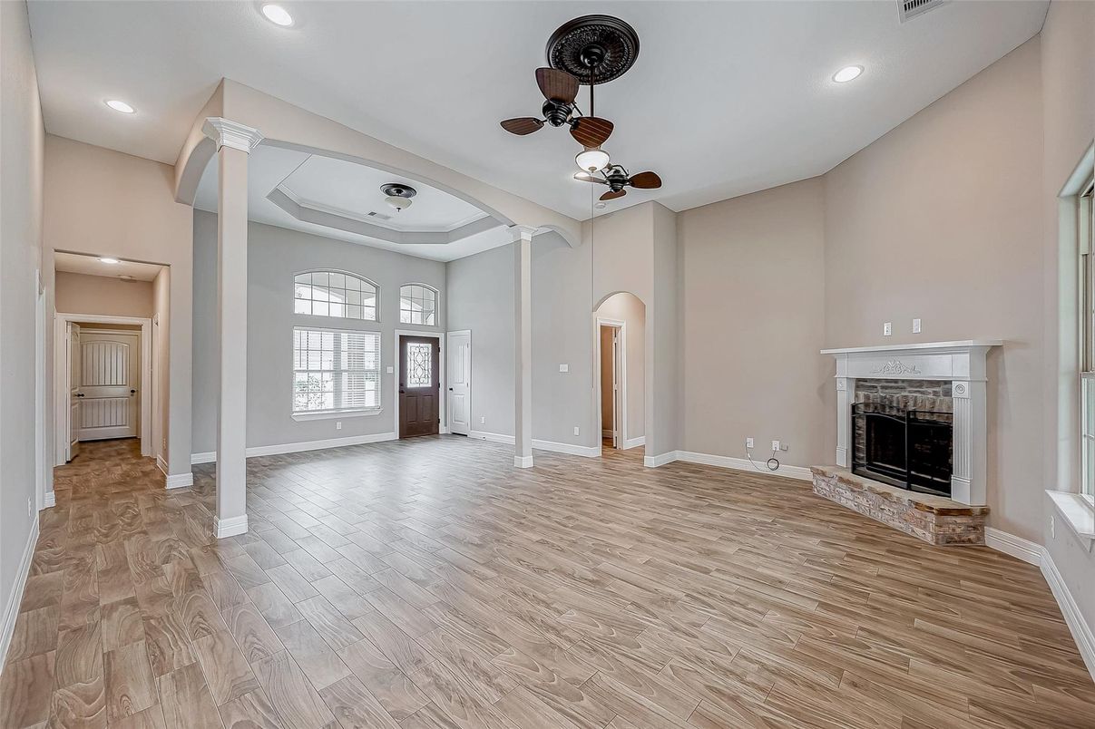 Empty room, Fireplace, Interior, Recessed Lighting, Wood Texture Flooring