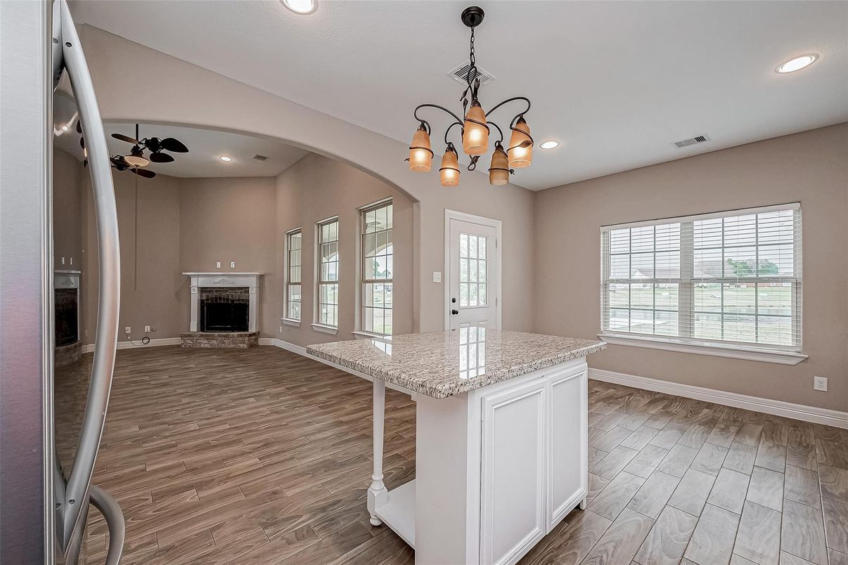 Chandelier, Fireplace, Interior, Recessed Lighting, Wood Texture Flooring