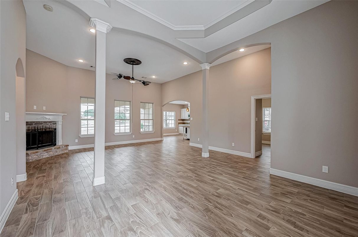 Empty room, Fireplace, Interior, Recessed Lighting, Wood Texture Flooring