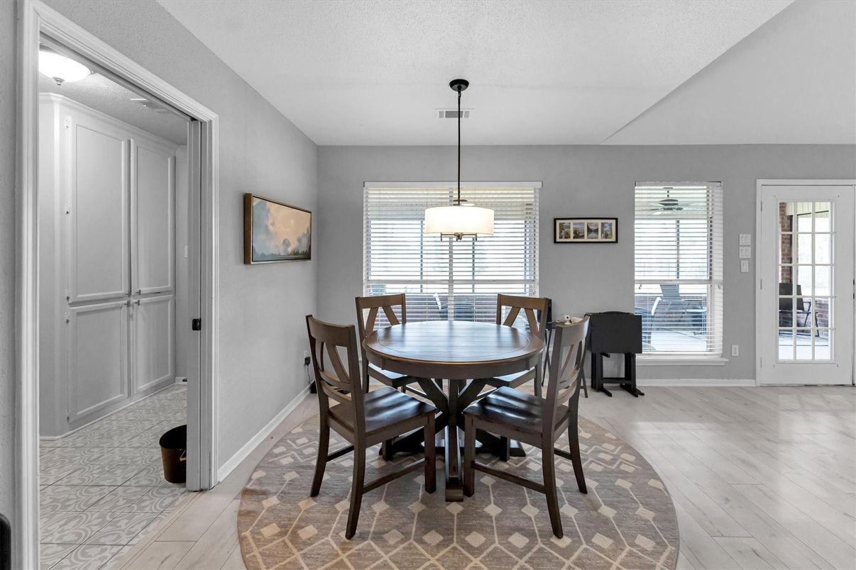 Dining room, Interior, Pendant Lights, Wood Texture Flooring