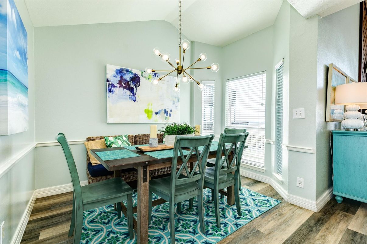 Dining room, Interior, Pendant Lights, Wood Texture Flooring