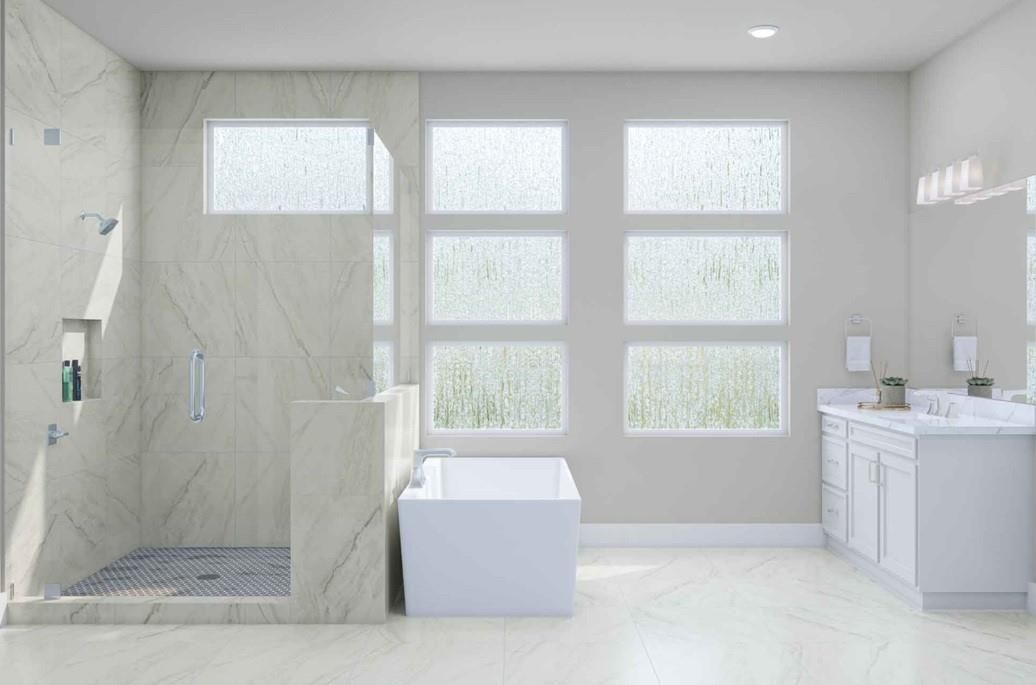 Bathroom, Free Standing Baths, Glass Shower, Interior, Marble, Marble Walls, Recessed Lighting