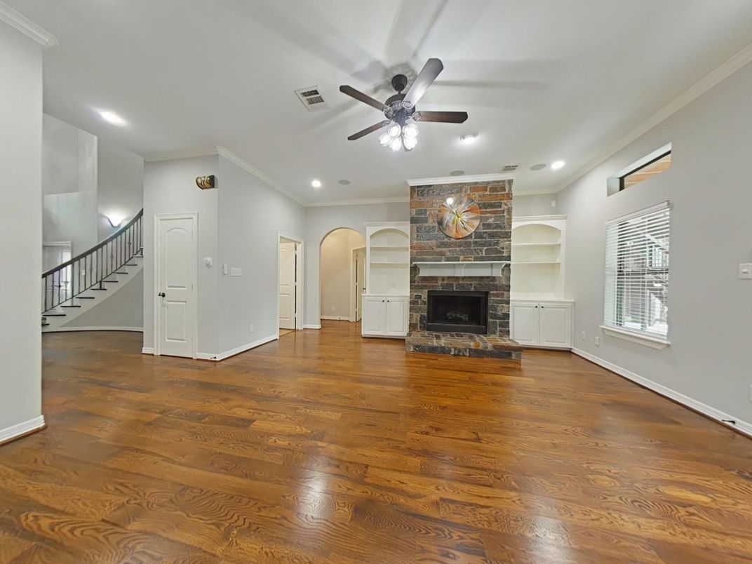 Empty room, Fireplace, Interior, Recessed Lighting, Wood Texture Flooring