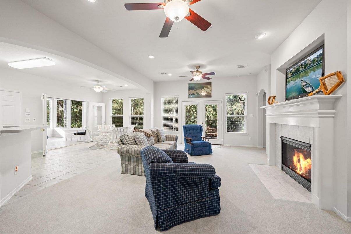 Dining room, Fireplace, Interior, Living room, Recessed Lighting