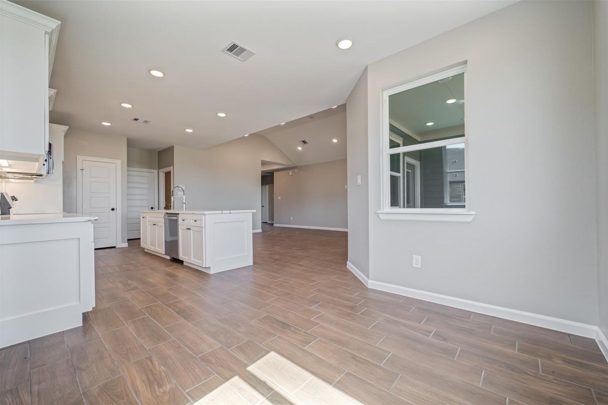 Empty room, Interior, Kitchen, Recessed Lighting, Wood Texture Flooring