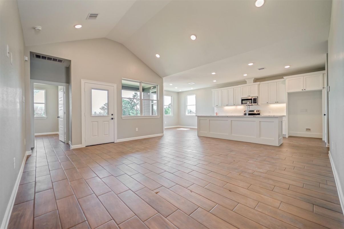 Empty room, Interior, Kitchen, Recessed Lighting, Wood Texture Flooring