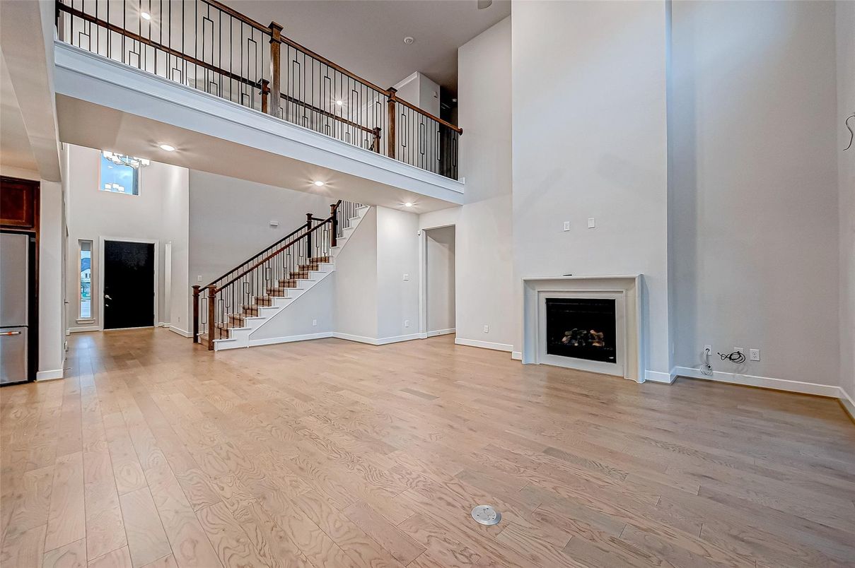 Fireplace, Interior, Recessed Lighting, Wood Texture Flooring
